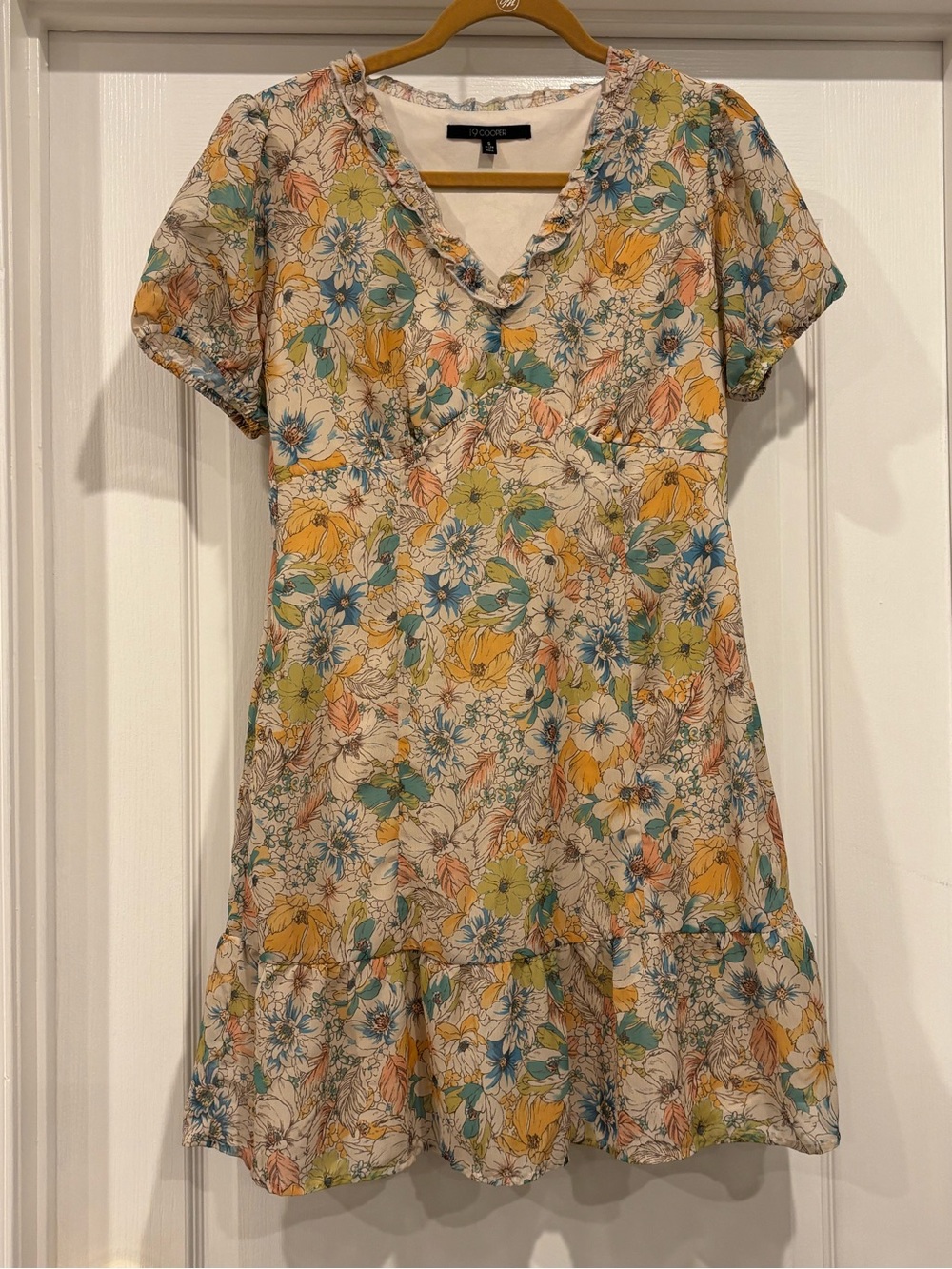 19 Cooper Floral V-Neck Mini Dress in Cream, Yellow, Blue and Green